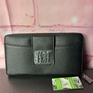 Badgley Mischka Black Textured Zip-Around Wallet with Silver Logo